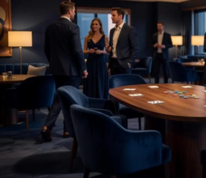 Warmly lit Australian lounge with a refined card table setting and guests in evening attire