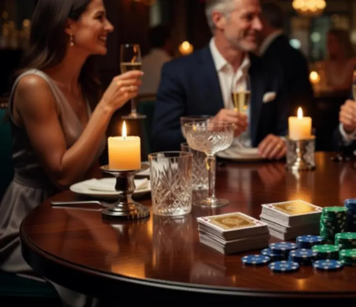 Poker-inspired lounge table with elegant glassware, symbolic chips, and guests enjoying a refined social evening