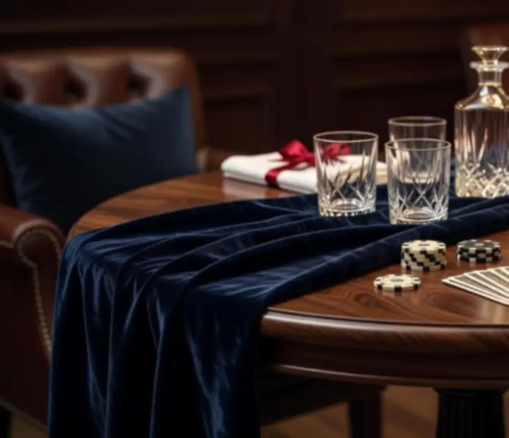 Warm lounge atmosphere with walnut tables, soft lamp glow and elevated glassware