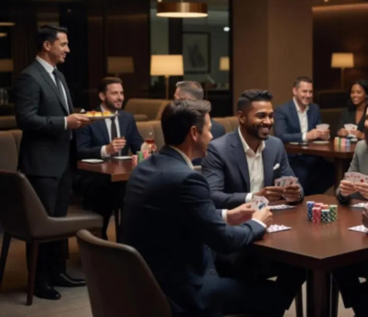 Corporate guests gathered around a premium card table, enjoying a hosted poker-inspired evening with symbolic chips.