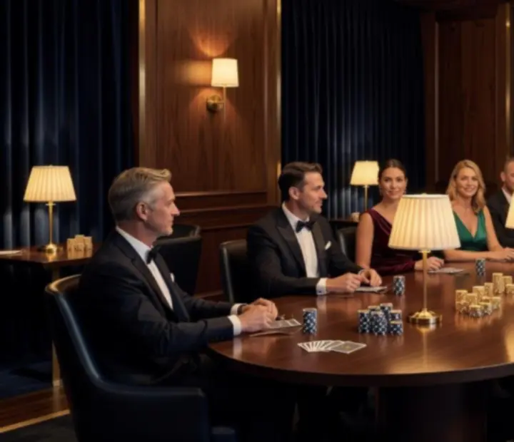 A cinematic corporate lounge with a poker-inspired table, warm overhead lighting, and guests in evening attire enjoying a hosted event.