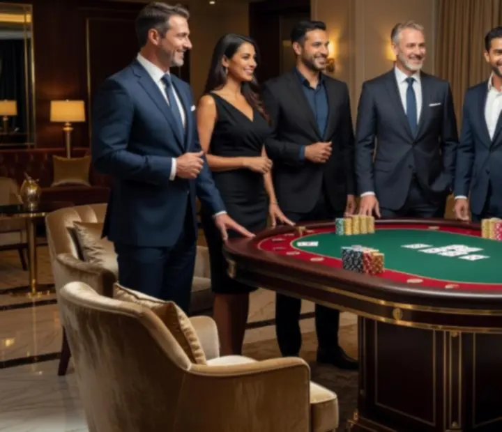 Professional hosting team in formal attire preparing a premium card-table setting for a corporate event.
