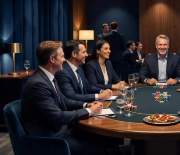 Corporate guests mingling around hosted card tables in a modern lounge setting