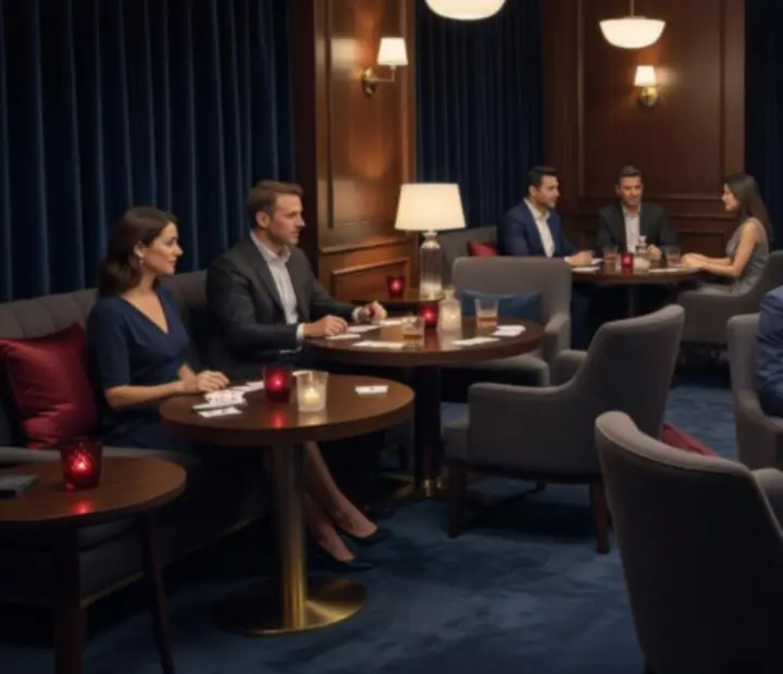 Curated lounge ambience with warm lighting, rich textures, and refined decor around a card table