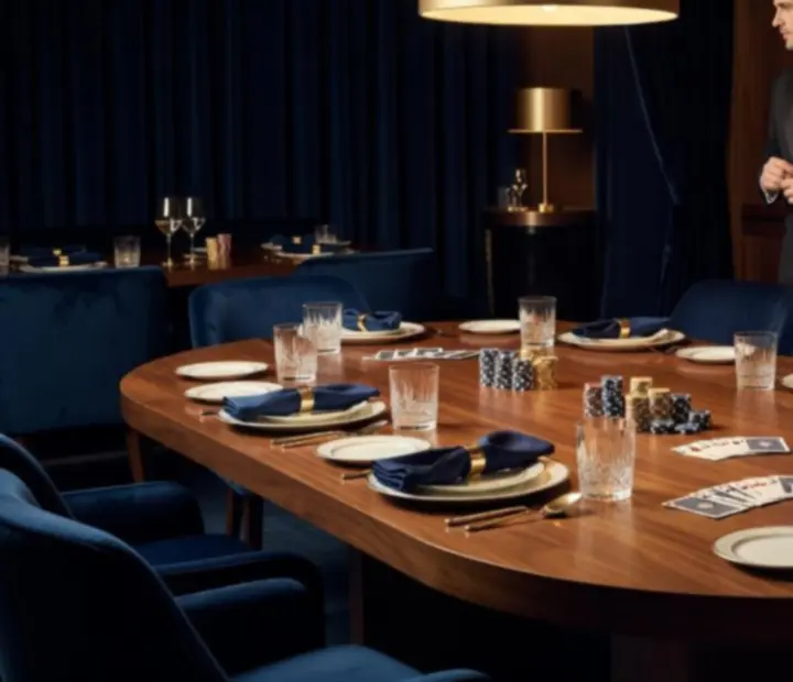 Warmly lit lounge setup with a refined poker‑inspired table and guests in evening attire