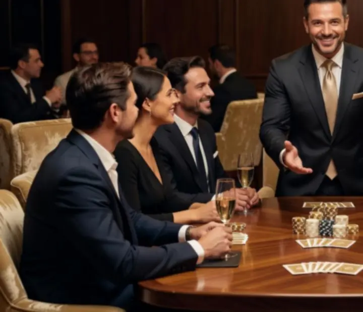 Professional host moderating a poker‑inspired table experience with relaxed guests
