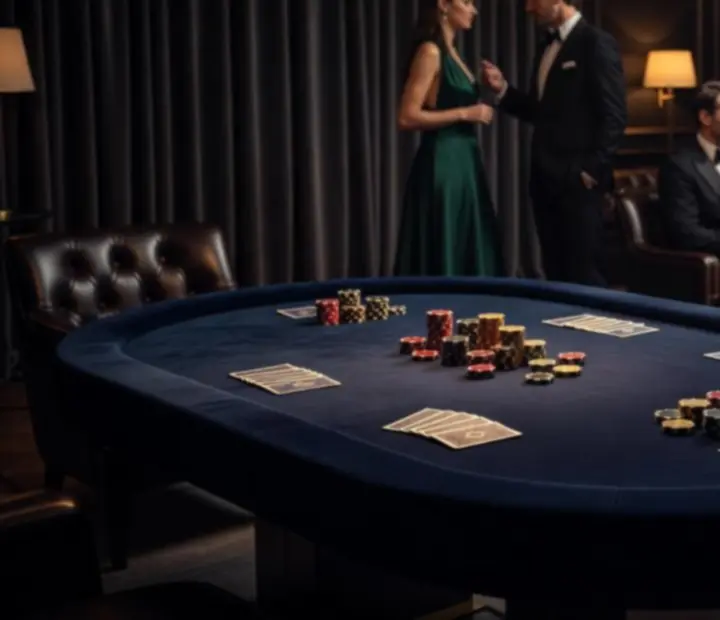 An elegant private poker-inspired table setting with warm overhead lighting and guests in evening attire