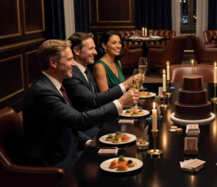 Guests celebrating a birthday in a private lounge with an elegant card-table setup