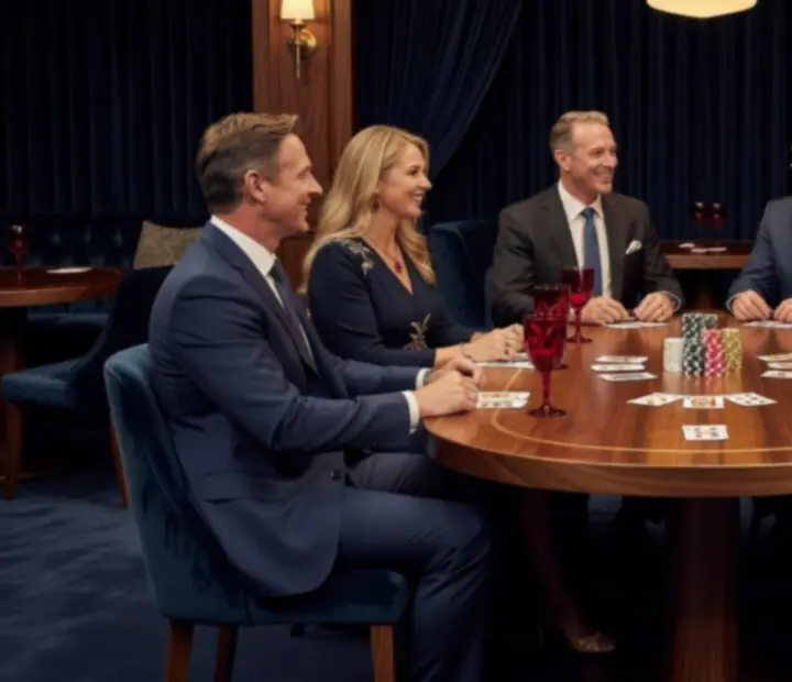 A premium poker-inspired private table evening with guests in evening attire around an oval table