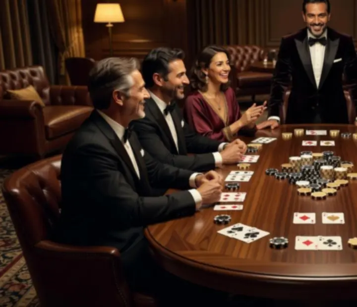 Signature lounge night with a warmly lit card table, symbolic chips and guests in evening attire