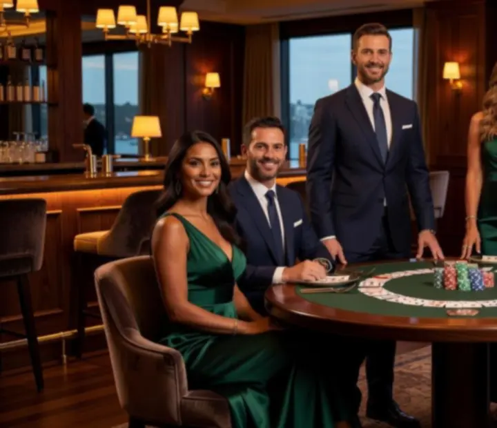 Professional event hosts guiding guests through a poker-inspired evening with symbolic chips